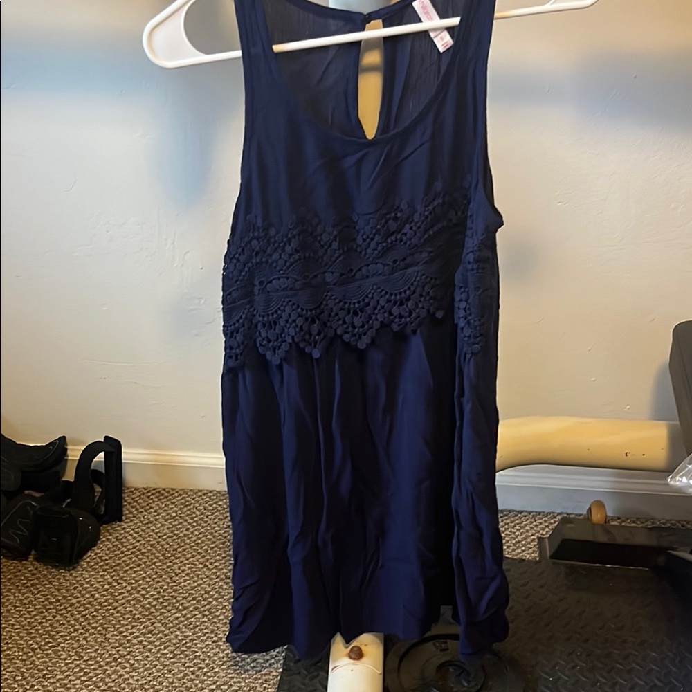 Navy Blue Sleeveless Dress with Lace Detail